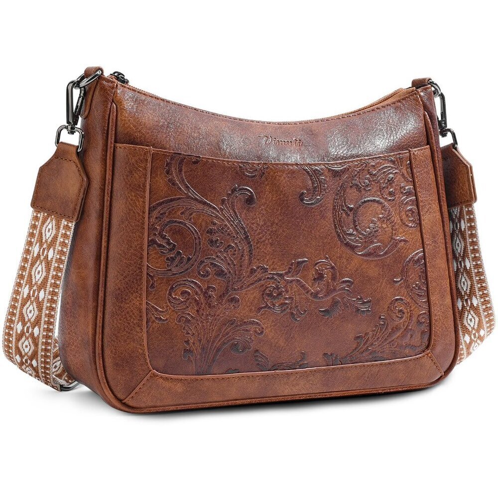 Vegan Leather Crossbody Bag with Embossed Flower Design, Adjustable Strap